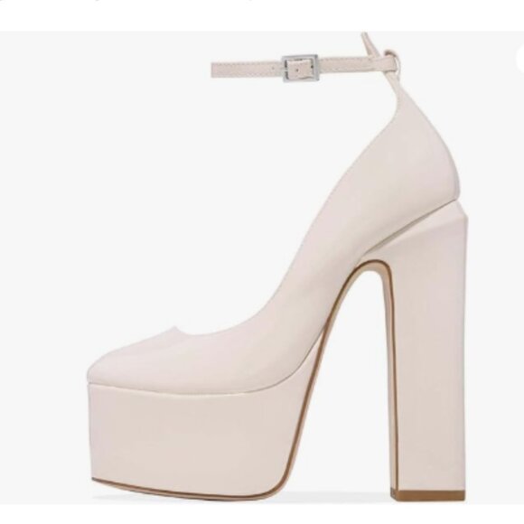 FSJ Beige Platform Chunky High Heel Sexy Square Closed Toe Ankle Strap Pumps - Picture 2 of 9